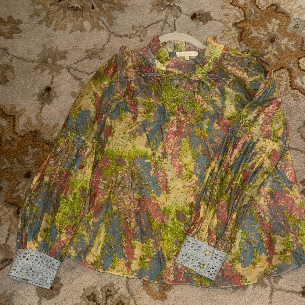 LoveShackFancy Vibrant Floral Blouse with Blue Accents